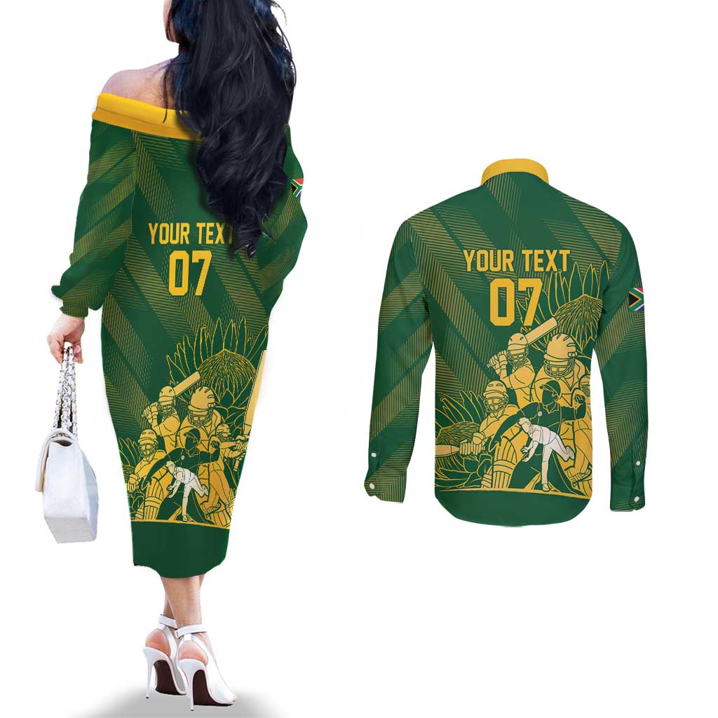 South Africa Cricket Champion Custom Couples Matching Off The Shoulder Long Sleeve Dress and Long Sleeve Button Shirt Proteas Rock The World - Wonder Print Shop