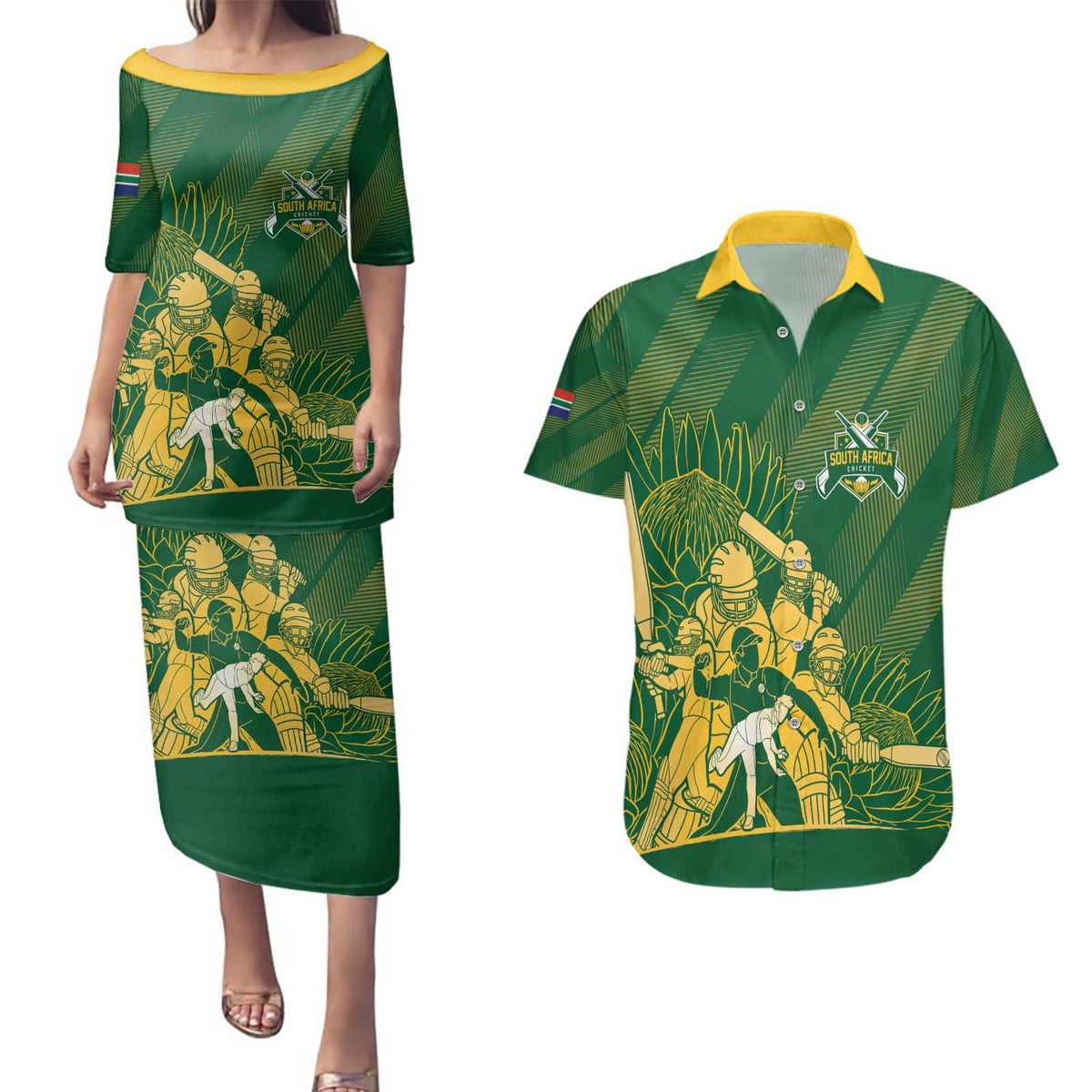 South Africa Cricket Champion Custom Couples Matching Puletasi and Hawaiian Shirt Proteas Rock The World - Wonder Print Shop