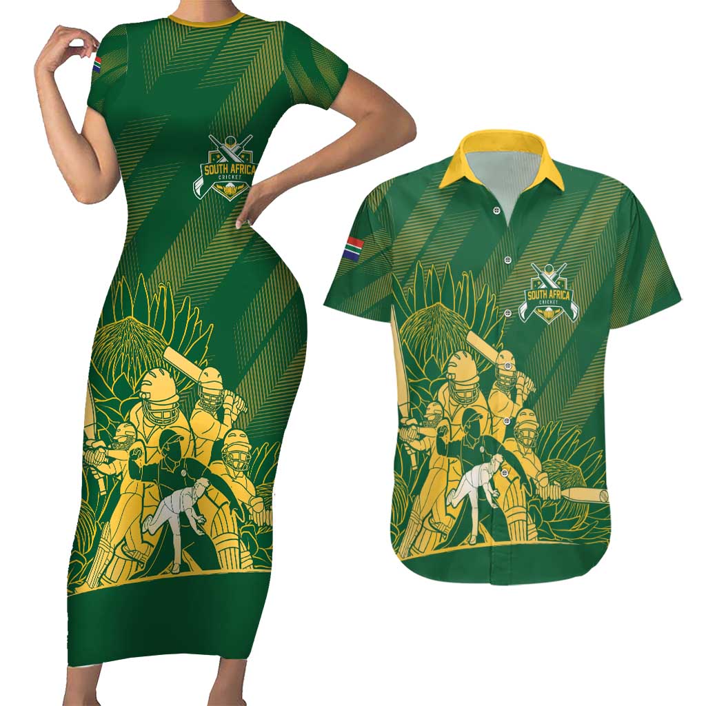 South Africa Cricket Champion Custom Couples Matching Short Sleeve Bodycon Dress and Hawaiian Shirt Proteas Rock The World - Wonder Print Shop
