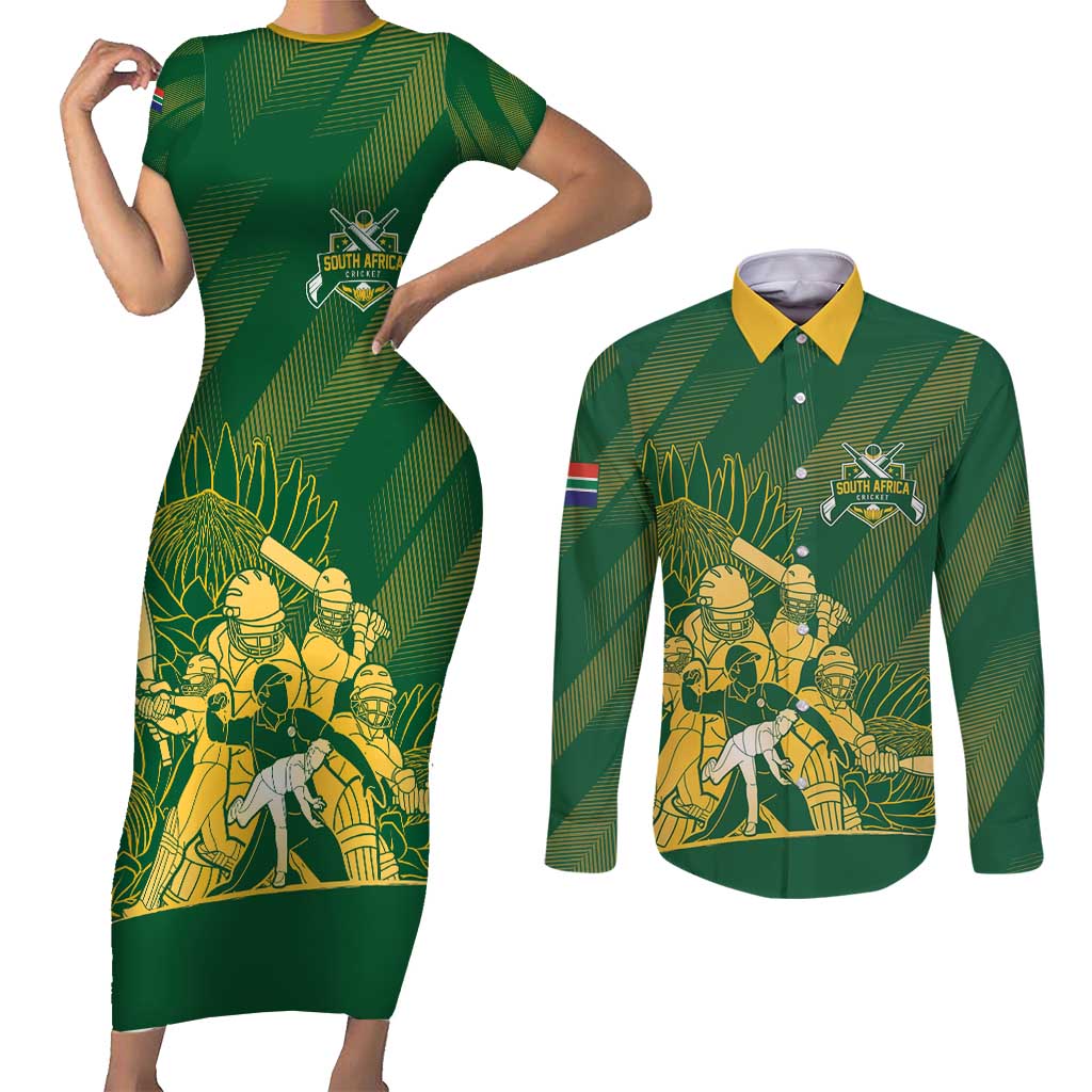 South Africa Cricket Champion Custom Couples Matching Short Sleeve Bodycon Dress and Long Sleeve Button Shirt Proteas Rock The World - Wonder Print Shop