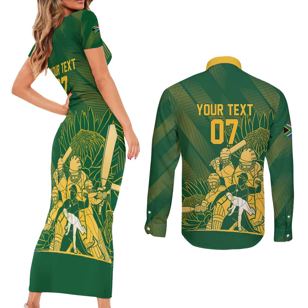 South Africa Cricket Champion Custom Couples Matching Short Sleeve Bodycon Dress and Long Sleeve Button Shirt Proteas Rock The World - Wonder Print Shop