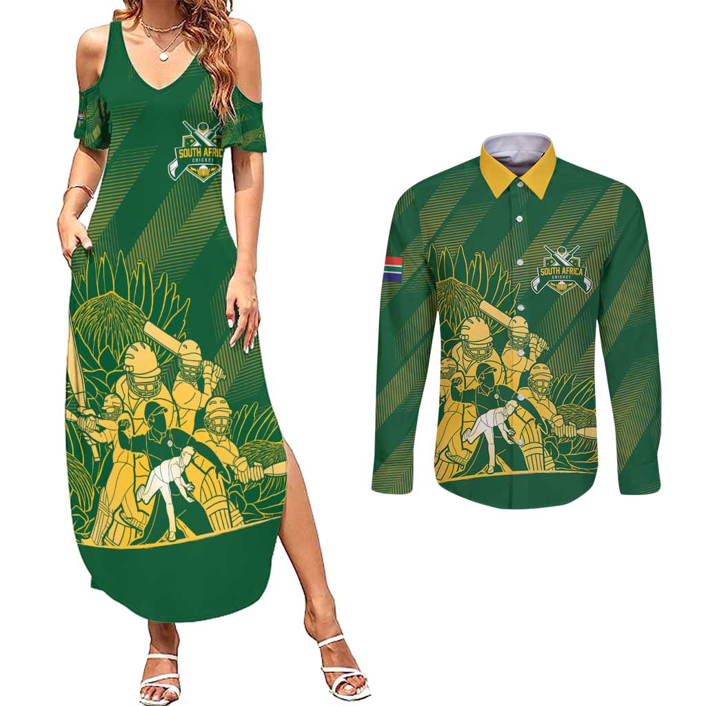 South Africa Cricket Champion Custom Couples Matching Summer Maxi Dress and Long Sleeve Button Shirt Proteas Rock The World - Wonder Print Shop