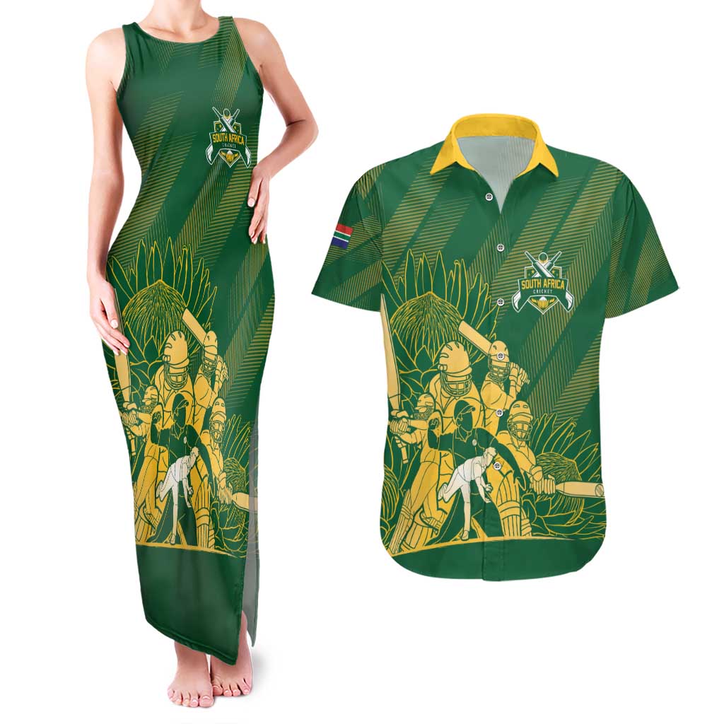 South Africa Cricket Champion Custom Couples Matching Tank Maxi Dress and Hawaiian Shirt Proteas Rock The World - Wonder Print Shop
