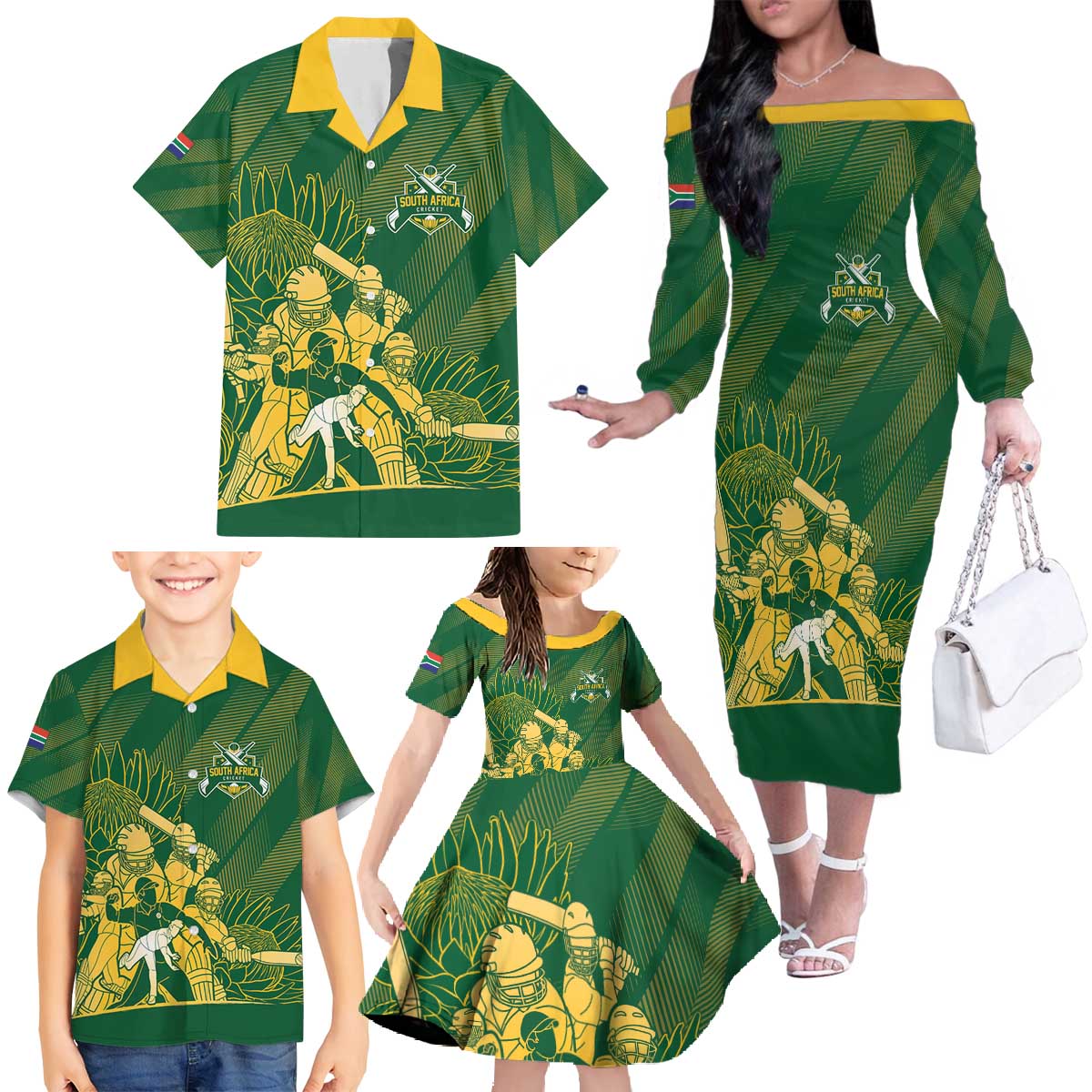 South Africa Cricket Champion Custom Family Matching Off The Shoulder Long Sleeve Dress and Hawaiian Shirt Proteas Rock The World - Wonder Print Shop