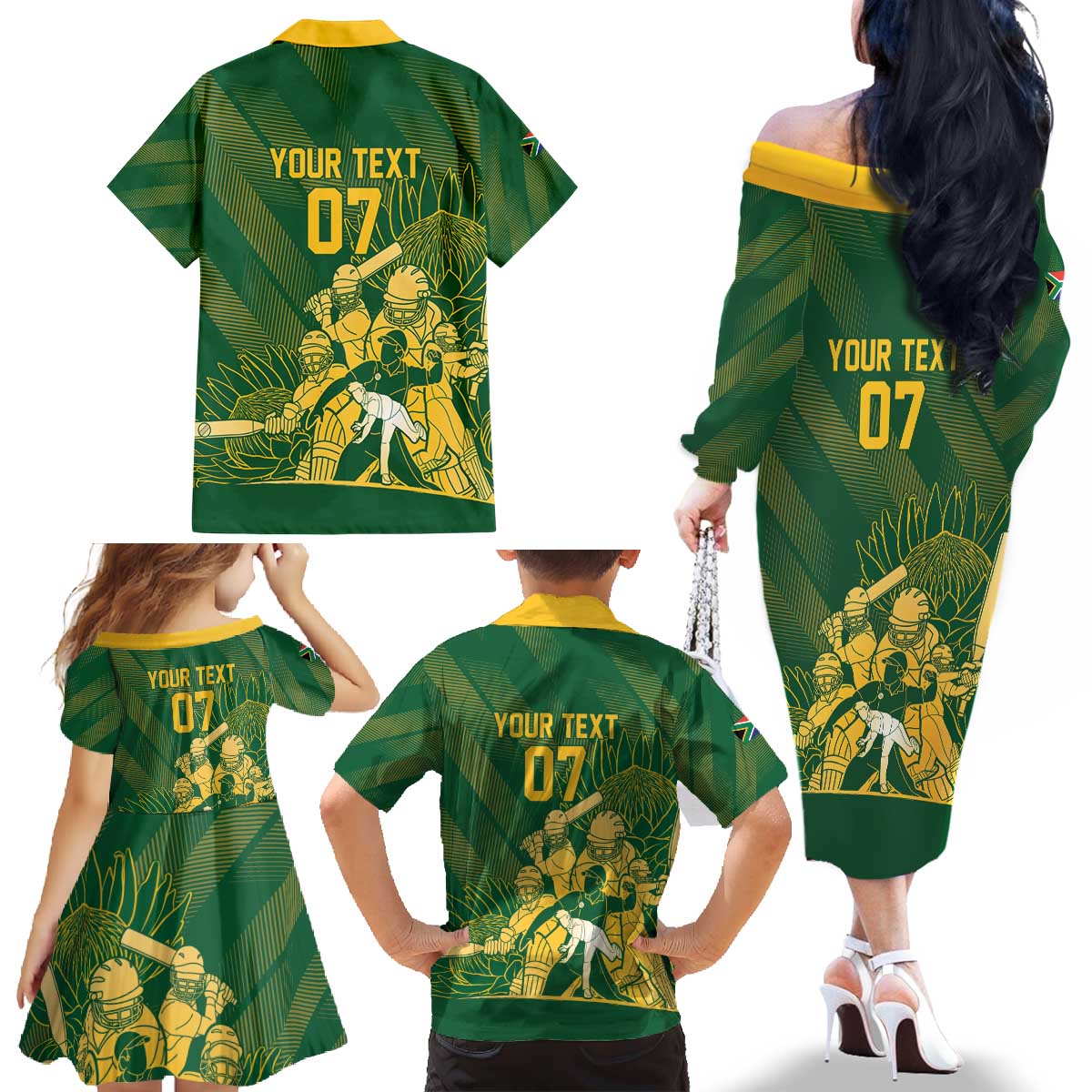 South Africa Cricket Champion Custom Family Matching Off The Shoulder Long Sleeve Dress and Hawaiian Shirt Proteas Rock The World - Wonder Print Shop