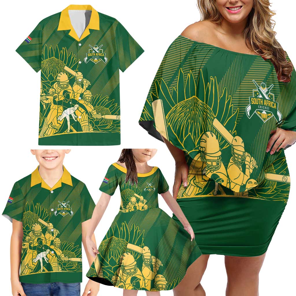 South Africa Cricket Champion Custom Family Matching Off Shoulder Short Dress and Hawaiian Shirt Proteas Rock The World - Wonder Print Shop