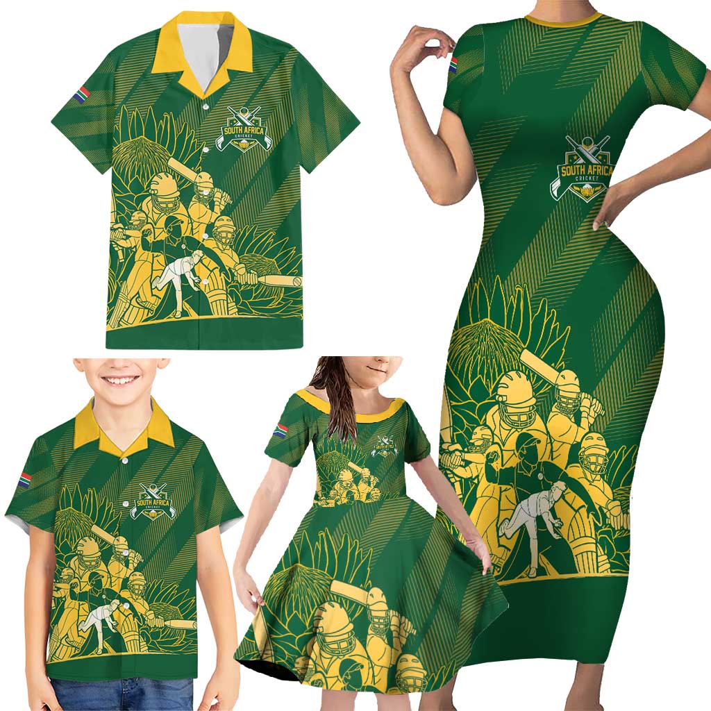 South Africa Cricket Champion Custom Family Matching Short Sleeve Bodycon Dress and Hawaiian Shirt Proteas Rock The World - Wonder Print Shop