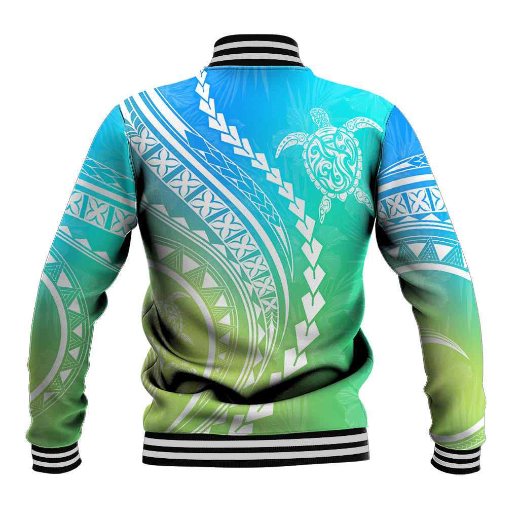 Polynesian Pride Baseball Jacket Turtle Hibiscus Luxury Style - Gradient Blue LT7 - Wonder Print Shop