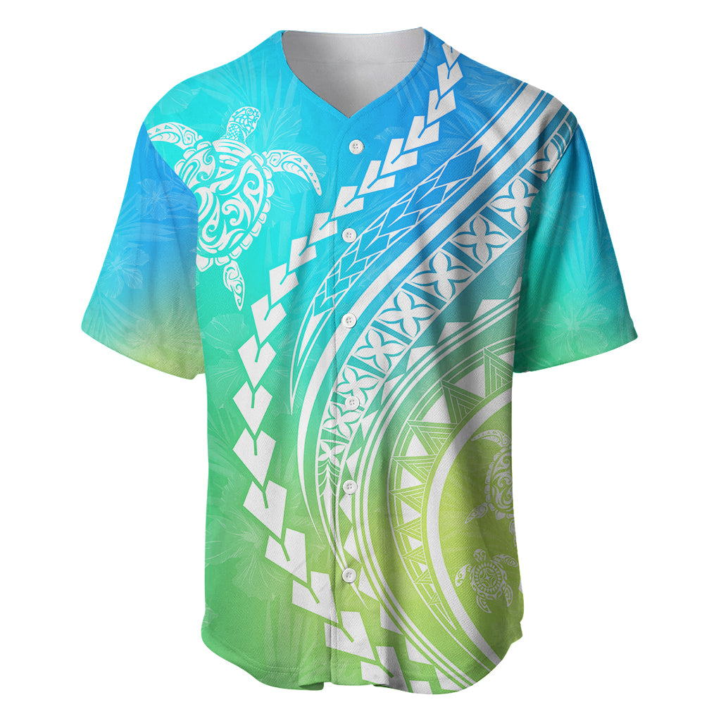 Polynesian Pride Baseball Jersey Turtle Hibiscus Luxury Style - Gradient Blue LT7 - Wonder Print Shop