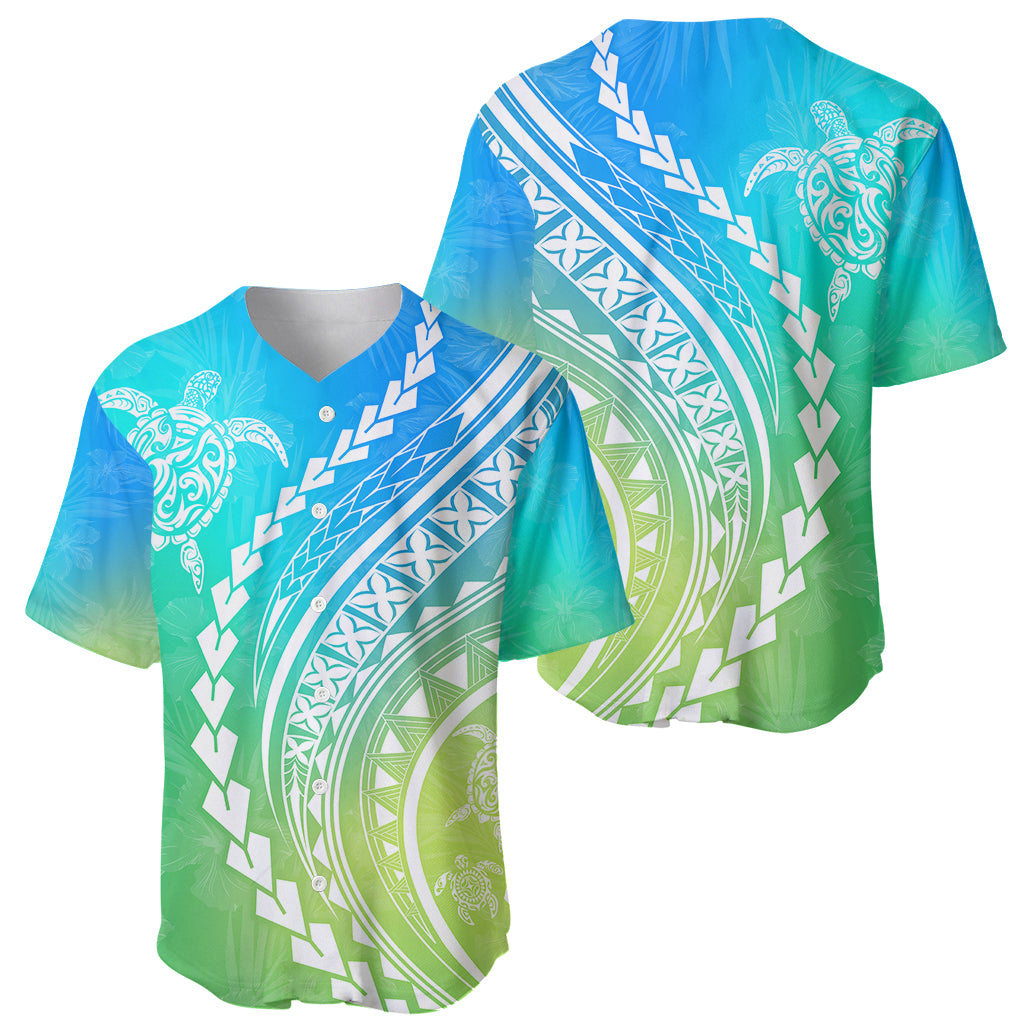 Polynesian Pride Baseball Jersey Turtle Hibiscus Luxury Style - Gradient Blue LT7 - Wonder Print Shop