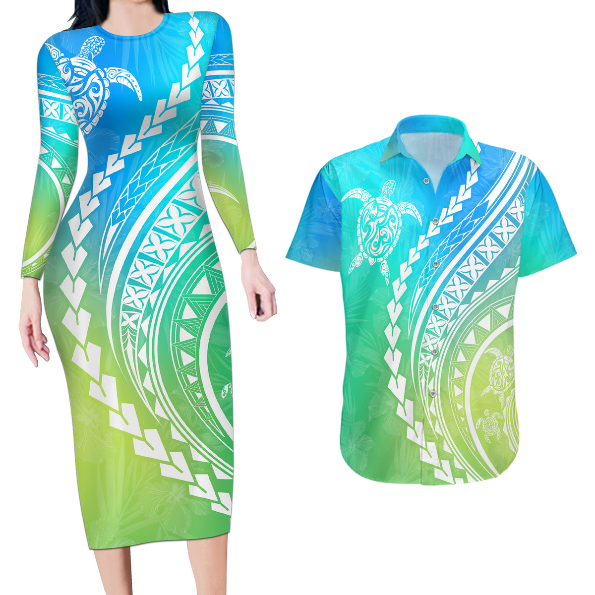 Polynesian Pride Couples Matching Long Sleeve Bodycon Dress and Hawaiian Shirt Turtle Hibiscus Luxury Style - Gradient Blue LT7 - Wonder Print Shop