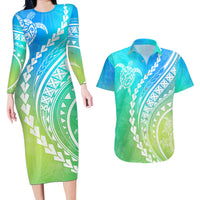Polynesian Pride Couples Matching Long Sleeve Bodycon Dress and Hawaiian Shirt Turtle Hibiscus Luxury Style - Gradient Blue LT7 - Wonder Print Shop