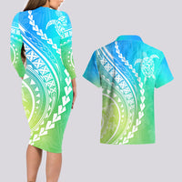 Polynesian Pride Couples Matching Long Sleeve Bodycon Dress and Hawaiian Shirt Turtle Hibiscus Luxury Style - Gradient Blue LT7 - Wonder Print Shop