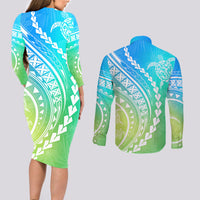 Polynesian Pride Couples Matching Long Sleeve Bodycon Dress and Long Sleeve Button Shirts Turtle Hibiscus Luxury Style - Gradient Blue LT7 - Wonder Print Shop