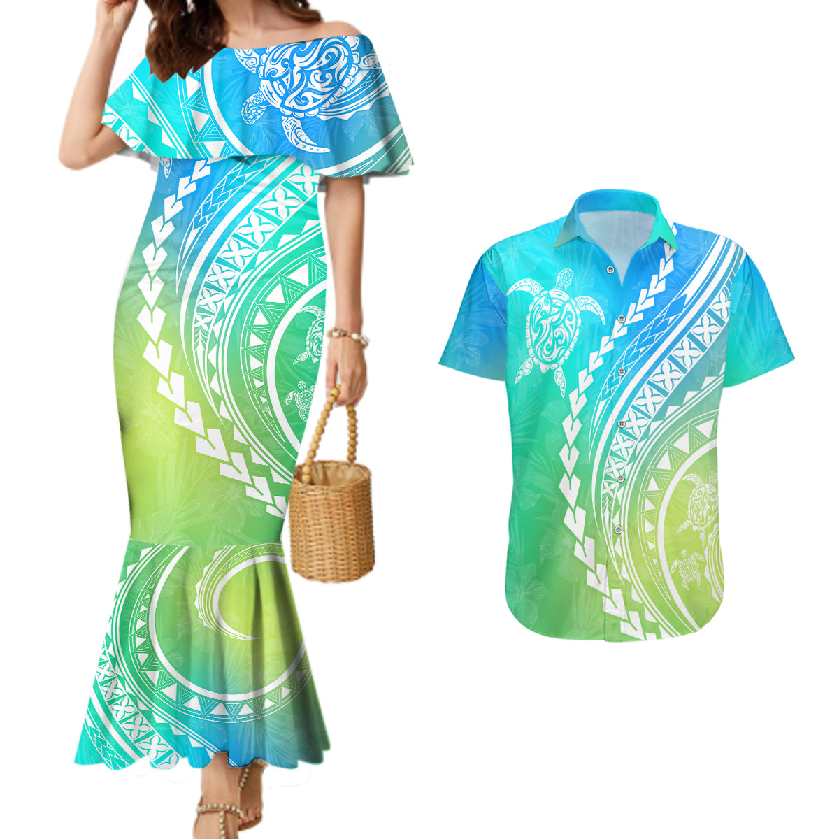 Polynesian Pride Couples Matching Mermaid Dress and Hawaiian Shirt Turtle Hibiscus Luxury Style - Gradient Blue LT7 - Wonder Print Shop