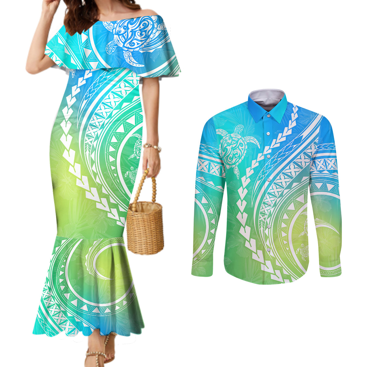 polynesian-pride-couples-matching-mermaid-dress-and-long-sleeve-button-shirts-turtle-hibiscus-luxury-style-gradient-blue