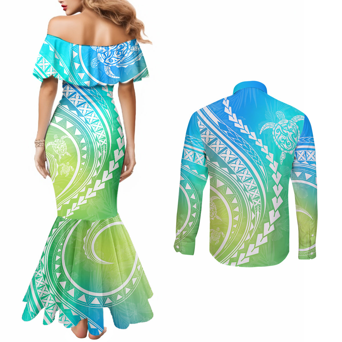 polynesian-pride-couples-matching-mermaid-dress-and-long-sleeve-button-shirts-turtle-hibiscus-luxury-style-gradient-blue