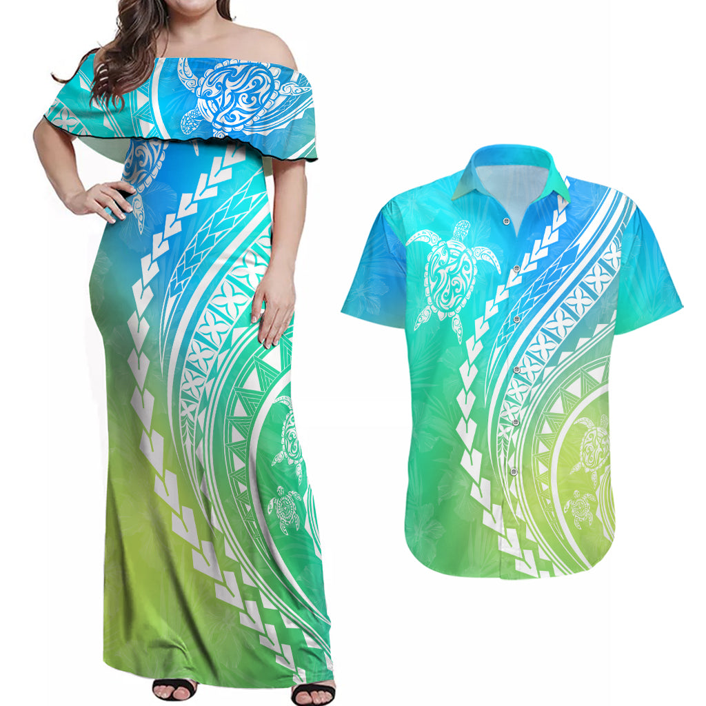 Polynesian Pride Couples Matching Off Shoulder Maxi Dress and Hawaiian Shirt Turtle Hibiscus Luxury Style - Gradient Blue LT7 - Wonder Print Shop