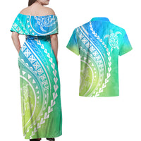 Polynesian Pride Couples Matching Off Shoulder Maxi Dress and Hawaiian Shirt Turtle Hibiscus Luxury Style - Gradient Blue LT7 - Wonder Print Shop