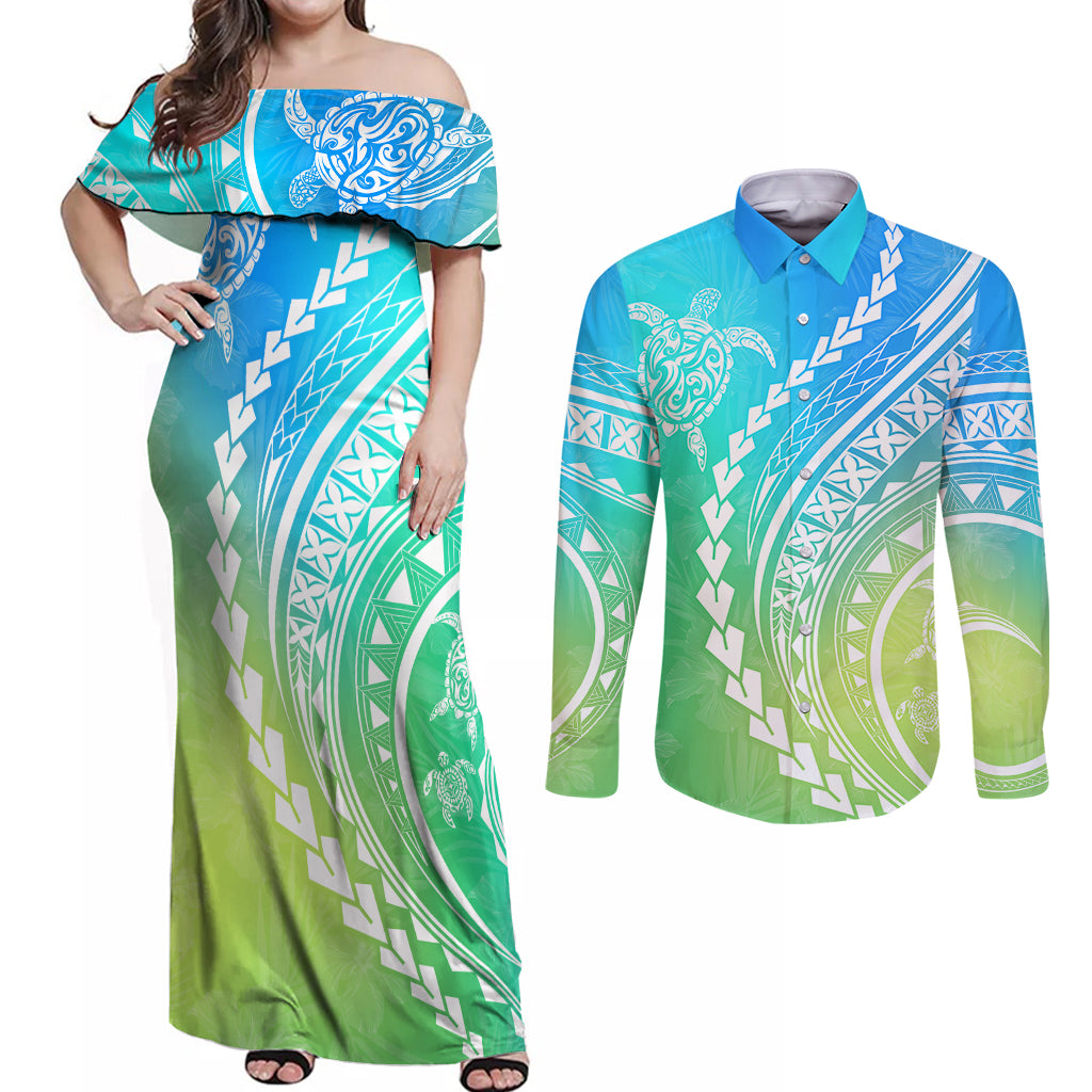 Polynesian Pride Couples Matching Off Shoulder Maxi Dress and Long Sleeve Button Shirts Turtle Hibiscus Luxury Style - Gradient Blue LT7 - Wonder Print Shop