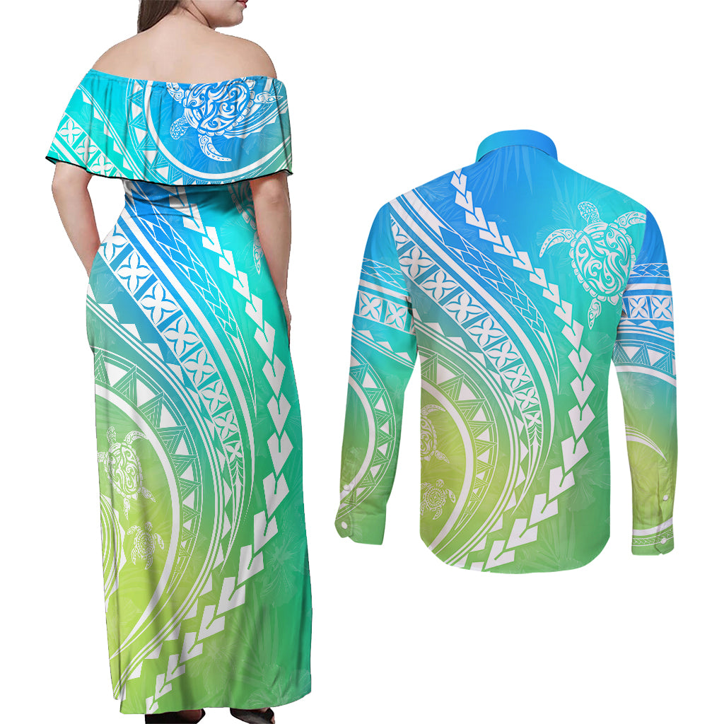 Polynesian Pride Couples Matching Off Shoulder Maxi Dress and Long Sleeve Button Shirts Turtle Hibiscus Luxury Style - Gradient Blue LT7 - Wonder Print Shop