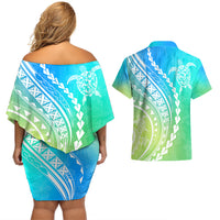 Polynesian Pride Couples Matching Off Shoulder Short Dress and Hawaiian Shirt Turtle Hibiscus Luxury Style - Gradient Blue LT7 - Wonder Print Shop