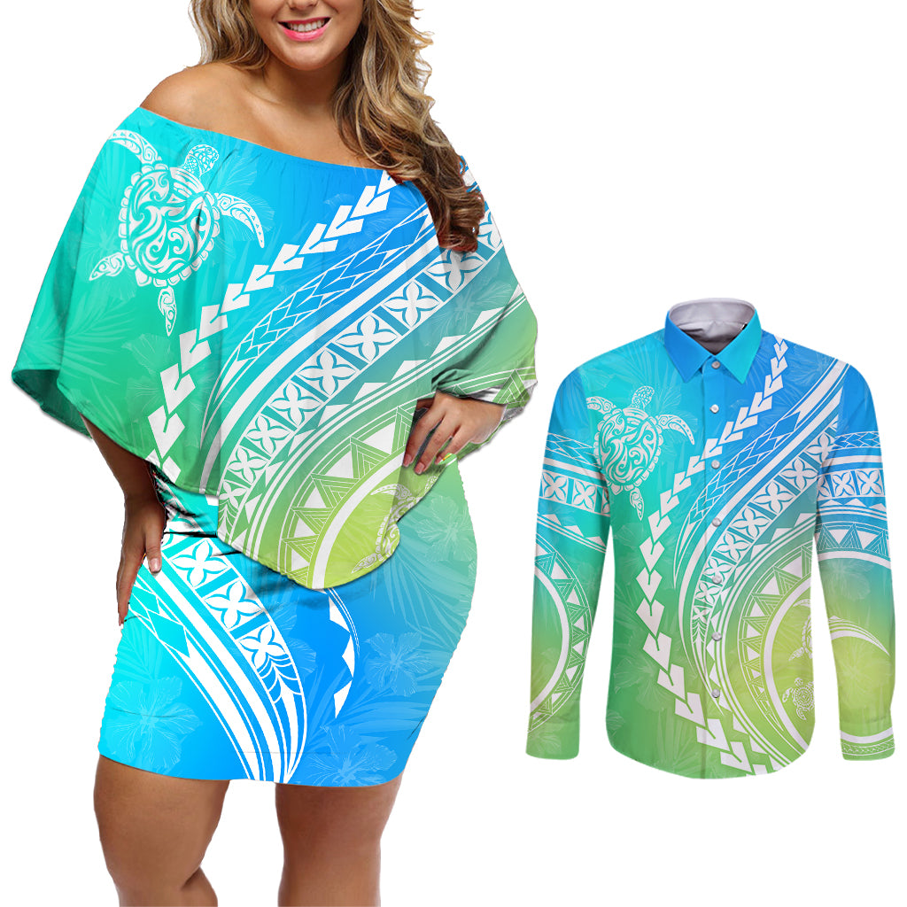 Polynesian Pride Couples Matching Off Shoulder Short Dress and Long Sleeve Button Shirts Turtle Hibiscus Luxury Style - Gradient Blue LT7 - Wonder Print Shop