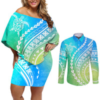 Polynesian Pride Couples Matching Off Shoulder Short Dress and Long Sleeve Button Shirts Turtle Hibiscus Luxury Style - Gradient Blue LT7 - Wonder Print Shop