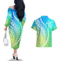 Polynesian Pride Couples Matching Off The Shoulder Long Sleeve Dress and Hawaiian Shirt Turtle Hibiscus Luxury Style - Gradient Blue LT7 - Wonder Print Shop