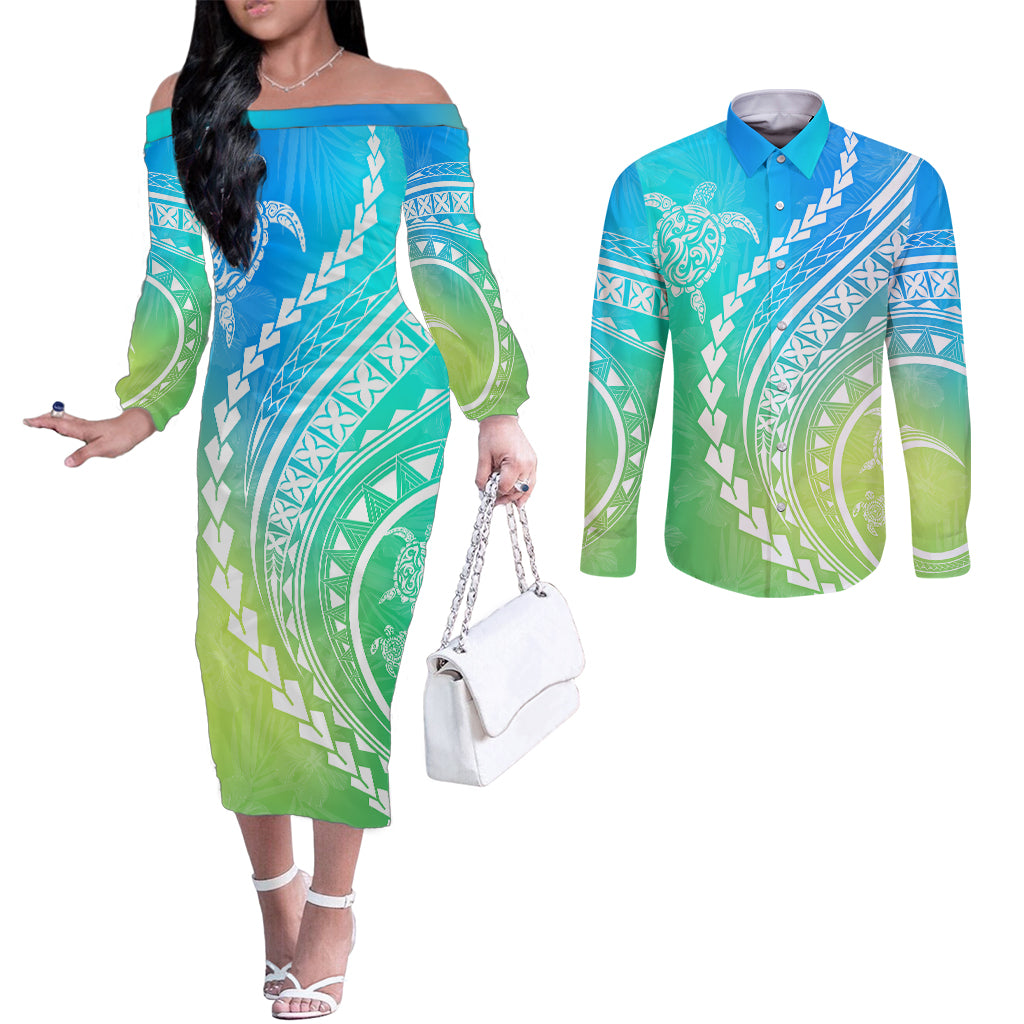 polynesian-pride-couples-matching-off-the-shoulder-long-sleeve-dress-and-long-sleeve-button-shirts-turtle-hibiscus-luxury-style-gradient-blue