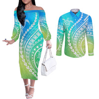 polynesian-pride-couples-matching-off-the-shoulder-long-sleeve-dress-and-long-sleeve-button-shirts-turtle-hibiscus-luxury-style-gradient-blue