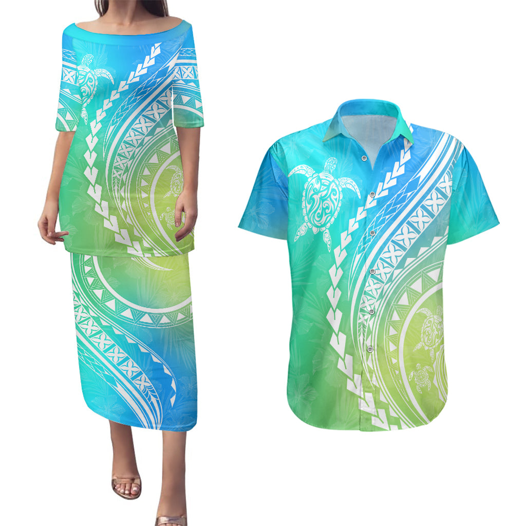 Polynesian Pride Couples Matching Puletasi Dress and Hawaiian Shirt Turtle Hibiscus Luxury Style - Gradient Blue LT7 - Wonder Print Shop