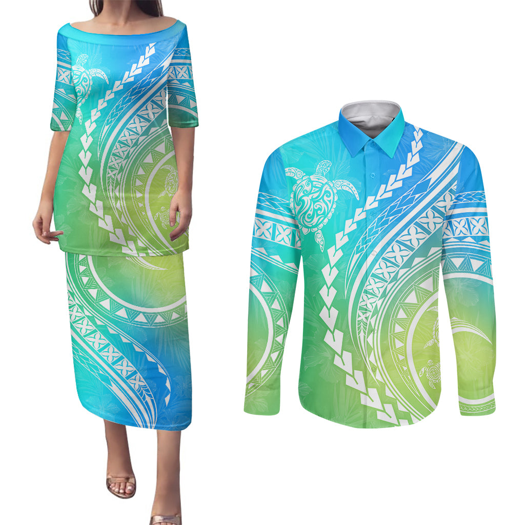 Polynesian Pride Couples Matching Puletasi Dress and Long Sleeve Button Shirts Turtle Hibiscus Luxury Style - Gradient Blue LT7 - Wonder Print Shop