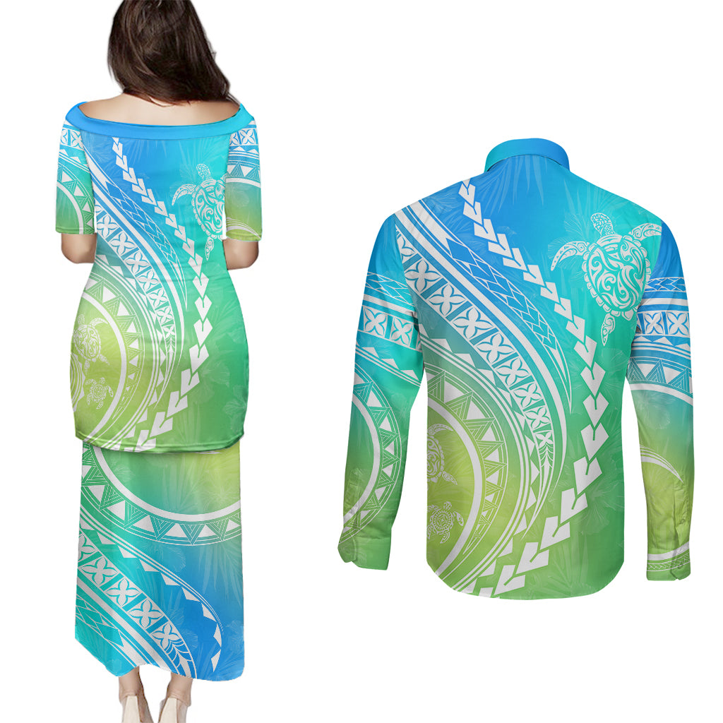 Polynesian Pride Couples Matching Puletasi Dress and Long Sleeve Button Shirts Turtle Hibiscus Luxury Style - Gradient Blue LT7 - Wonder Print Shop
