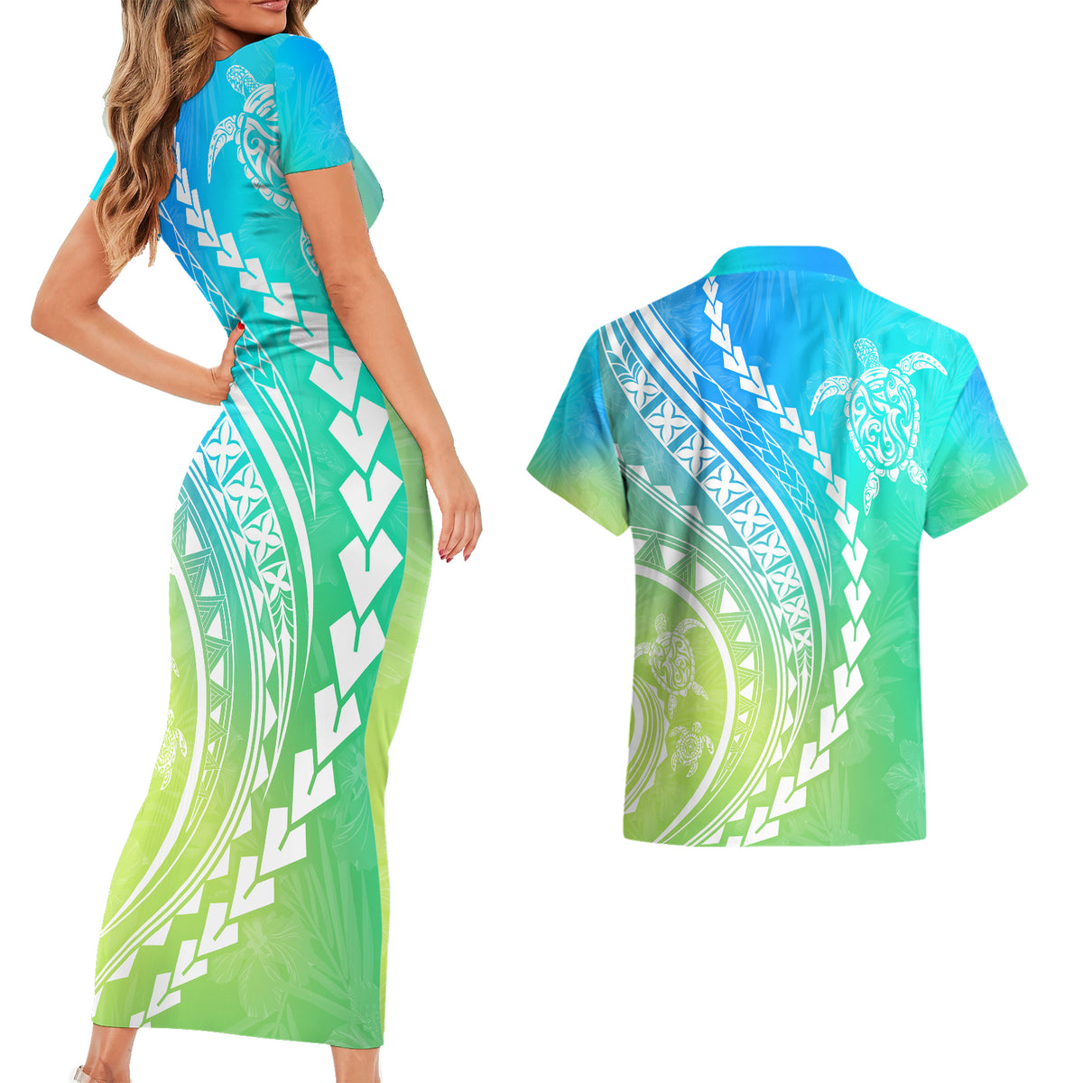 Polynesian Pride Couples Matching Short Sleeve Bodycon Dress and Hawaiian Shirt Turtle Hibiscus Luxury Style - Gradient Blue LT7 - Wonder Print Shop