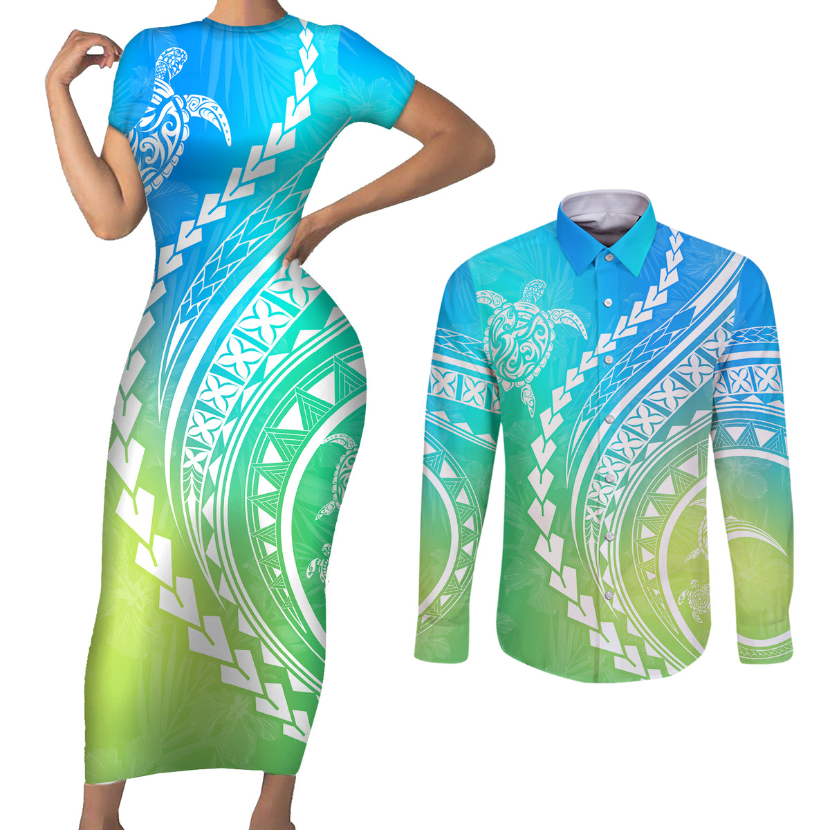 Polynesian Pride Couples Matching Short Sleeve Bodycon Dress and Long Sleeve Button Shirts Turtle Hibiscus Luxury Style - Gradient Blue LT7 - Wonder Print Shop