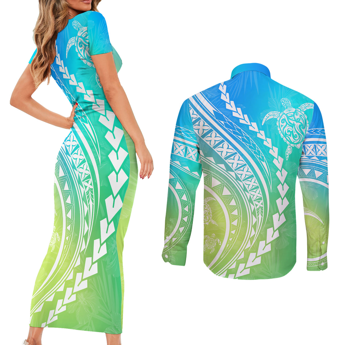 Polynesian Pride Couples Matching Short Sleeve Bodycon Dress and Long Sleeve Button Shirts Turtle Hibiscus Luxury Style - Gradient Blue LT7 - Wonder Print Shop
