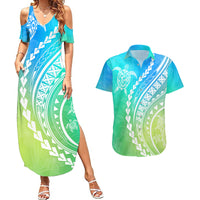 Polynesian Pride Couples Matching Summer Maxi Dress and Hawaiian Shirt Turtle Hibiscus Luxury Style - Gradient Blue LT7 - Wonder Print Shop