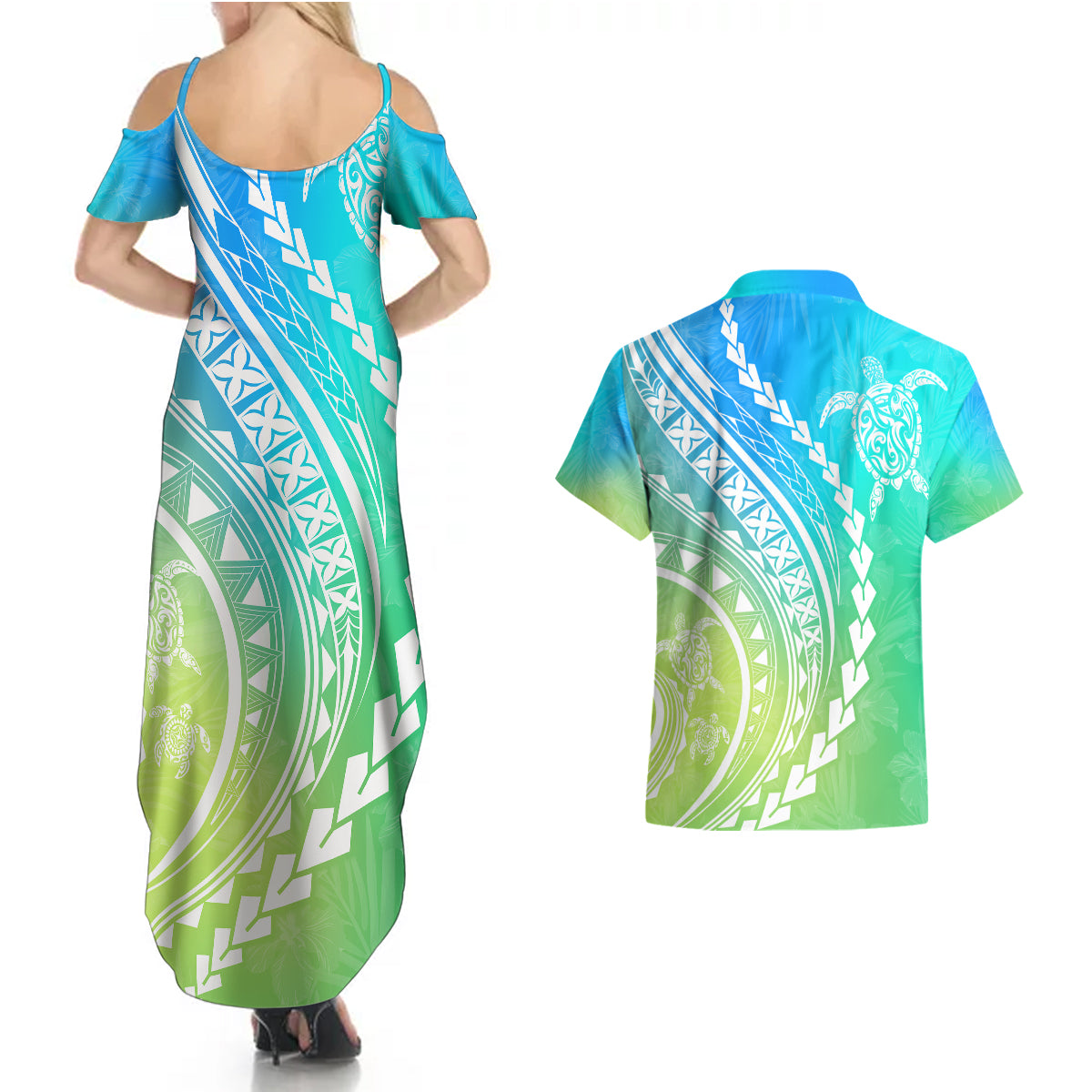 Polynesian Pride Couples Matching Summer Maxi Dress and Hawaiian Shirt Turtle Hibiscus Luxury Style - Gradient Blue LT7 - Wonder Print Shop