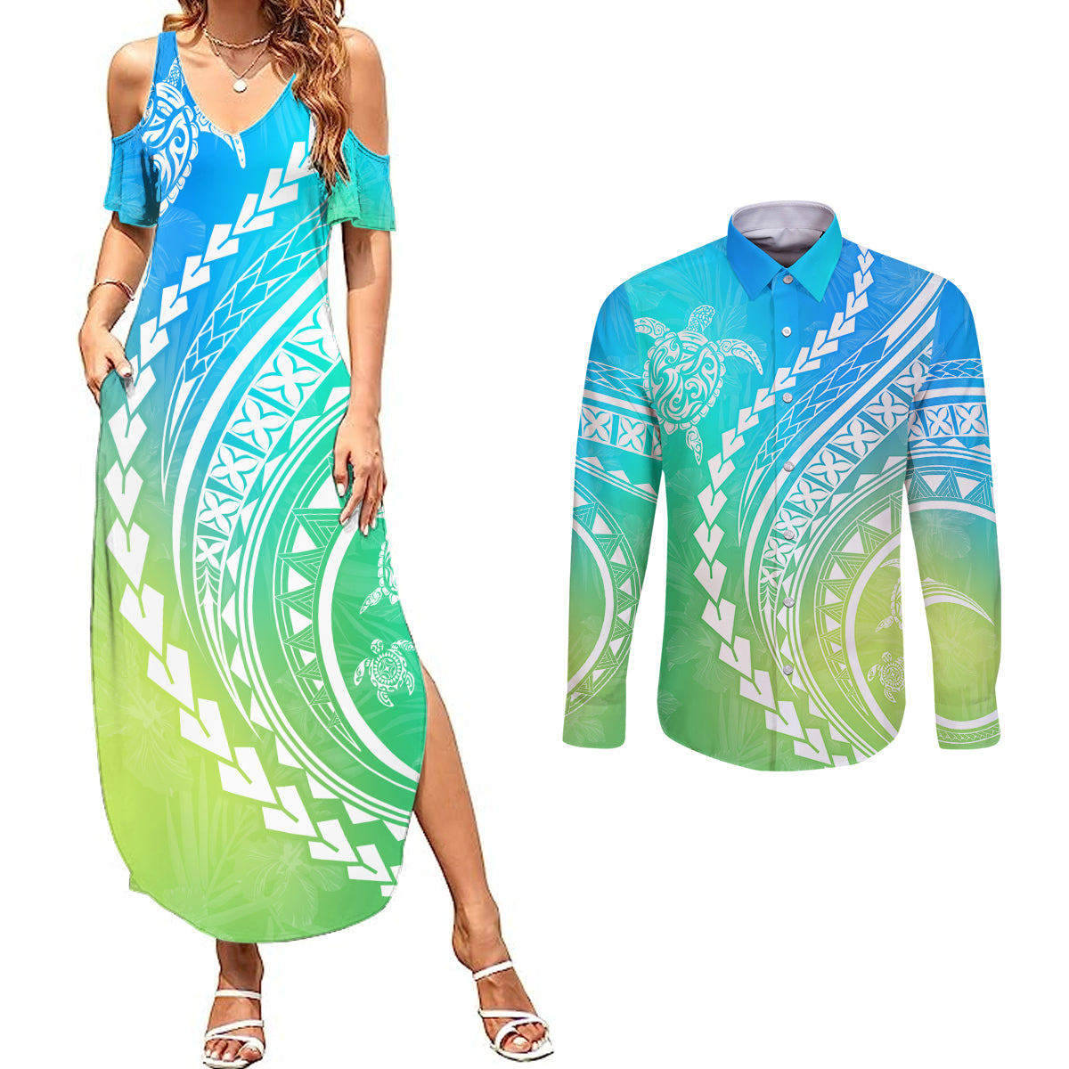 Polynesian Pride Couples Matching Summer Maxi Dress and Long Sleeve Button Shirts Turtle Hibiscus Luxury Style - Gradient Blue LT7 - Wonder Print Shop