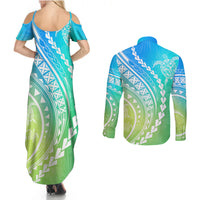Polynesian Pride Couples Matching Summer Maxi Dress and Long Sleeve Button Shirts Turtle Hibiscus Luxury Style - Gradient Blue LT7 - Wonder Print Shop