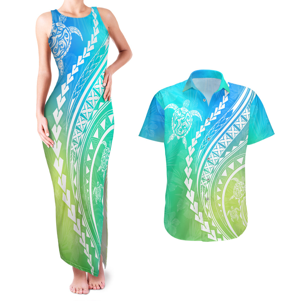 Polynesian Pride Couples Matching Tank Maxi Dress and Hawaiian Shirt Turtle Hibiscus Luxury Style - Gradient Blue LT7 - Wonder Print Shop