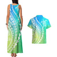 Polynesian Pride Couples Matching Tank Maxi Dress and Hawaiian Shirt Turtle Hibiscus Luxury Style - Gradient Blue LT7 - Wonder Print Shop