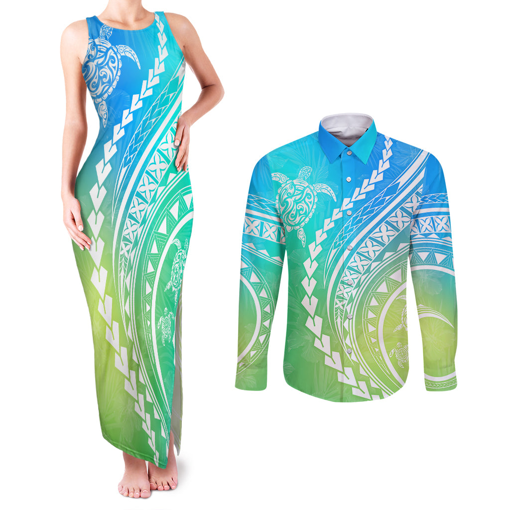 Polynesian Pride Couples Matching Tank Maxi Dress and Long Sleeve Button Shirts Turtle Hibiscus Luxury Style - Gradient Blue LT7 - Wonder Print Shop