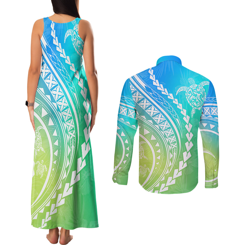 Polynesian Pride Couples Matching Tank Maxi Dress and Long Sleeve Button Shirts Turtle Hibiscus Luxury Style - Gradient Blue LT7 - Wonder Print Shop