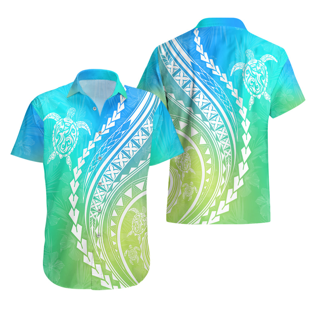 Polynesian Pride Hawaiian Shirt Turtle Hibiscus Luxury Style - Gradient Blue - Wonder Print Shop
