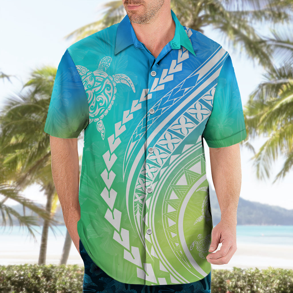 Polynesian Pride Hawaiian Shirt Turtle Hibiscus Luxury Style - Gradient Blue - Wonder Print Shop
