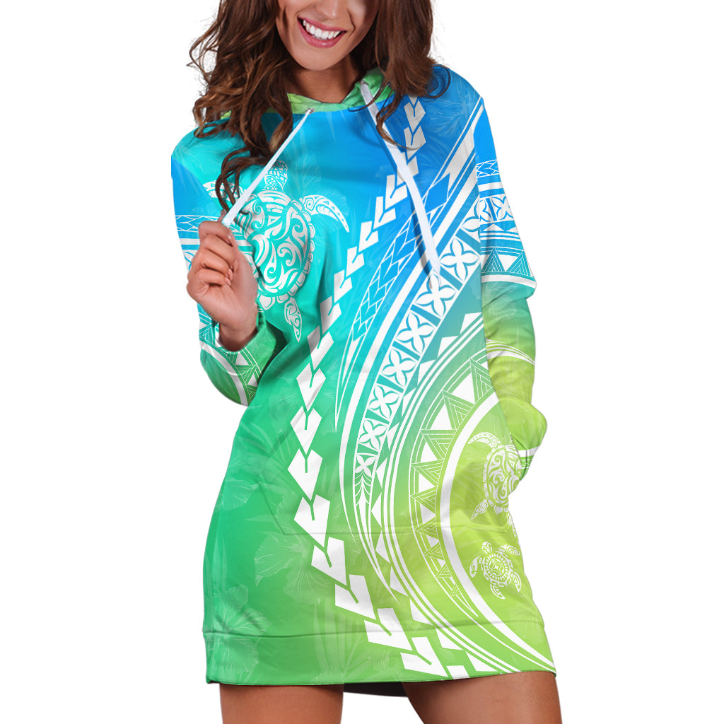 Polynesian Pride Hoodie Dress Turtle Hibiscus Luxury Style - Gradient Blue - Wonder Print Shop