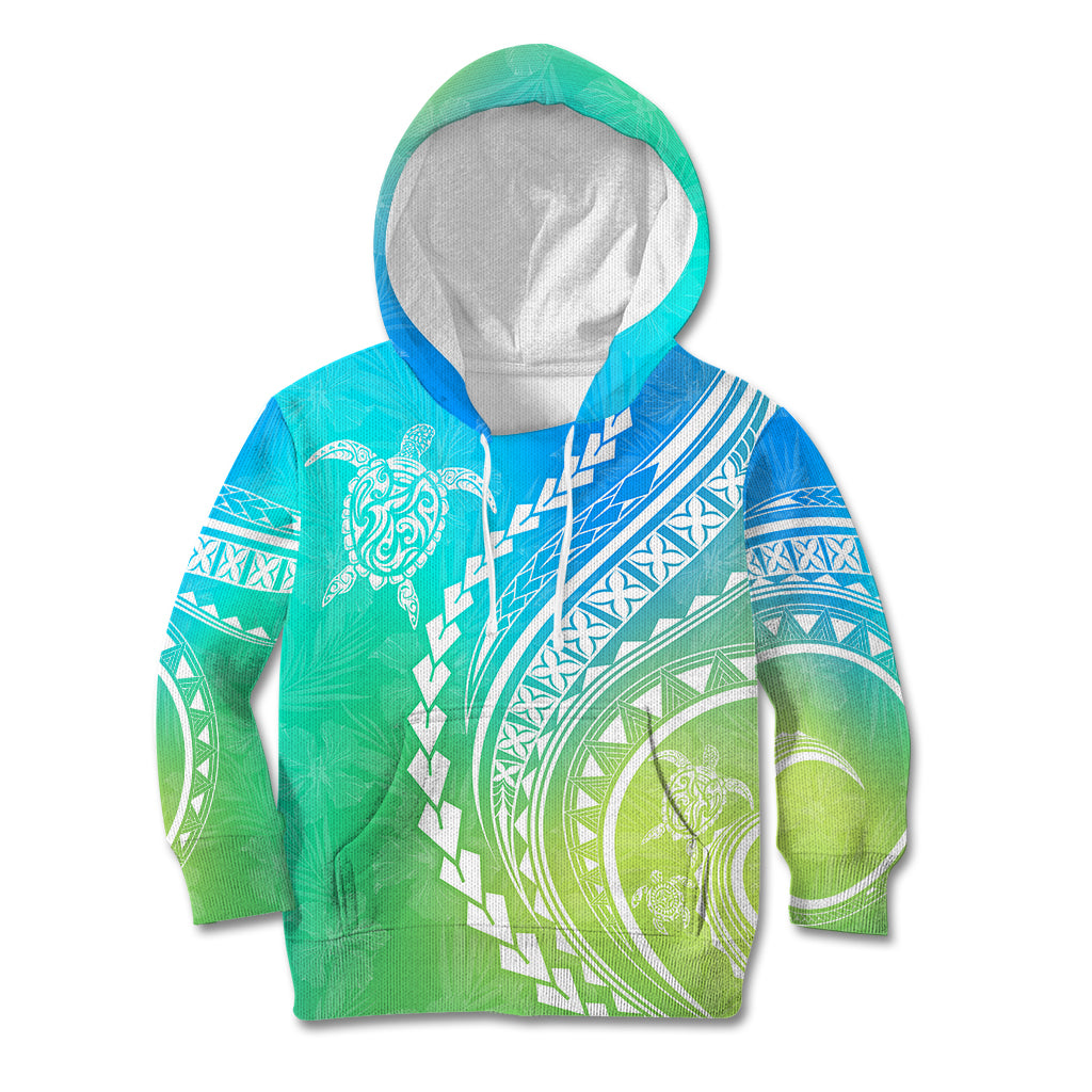 Polynesian Pride Kid Hoodie Turtle Hibiscus Luxury Style - Gradient Blue - Wonder Print Shop