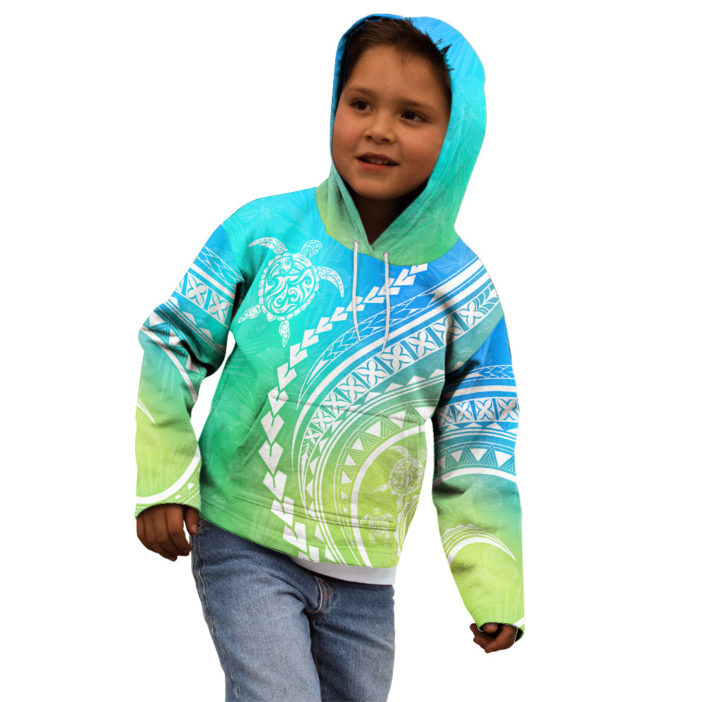 Polynesian Pride Kid Hoodie Turtle Hibiscus Luxury Style - Gradient Blue - Wonder Print Shop
